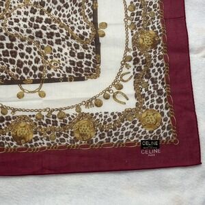 CELINE Paris Scarf Leopard Chain Print Cotton Burgundy Equestrian Fashion 18.5"